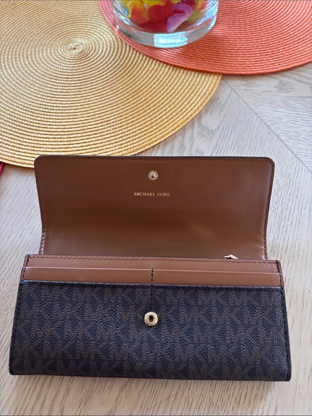 Michael Kors Brown and Dark Brown Logo Leather Wallet with Gold Lock - Picture 2 of 4